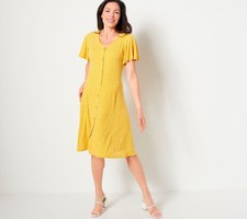 Susan Graver Women's Petite Dress PXL Printed Liquid Knit Button Yellow A501402