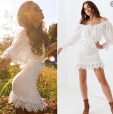 SPELL AND THE GYPSY Daisy Chain Ruched Mini dress smocked eyelet white sleeves 