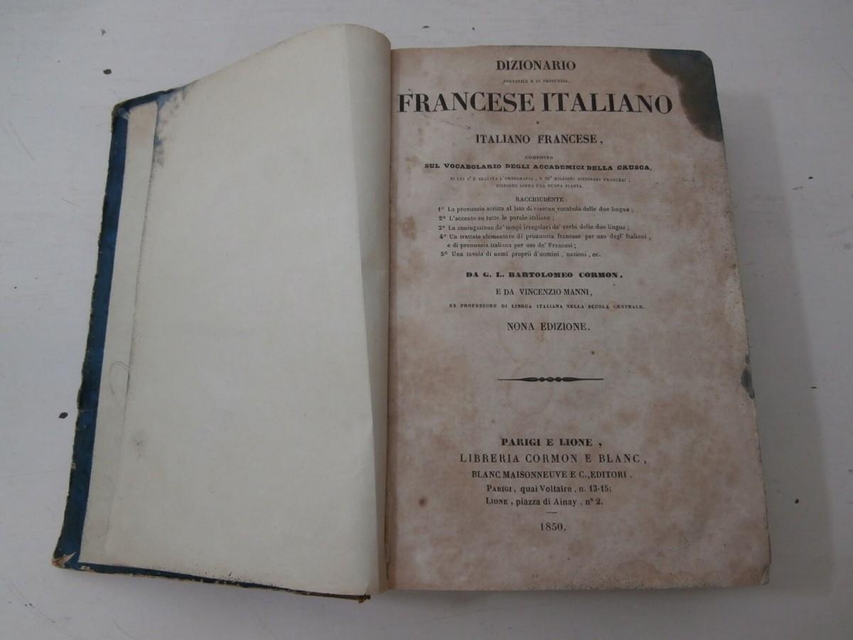 Antico libro 1850 Dizionario portatile e di pronunzia francese