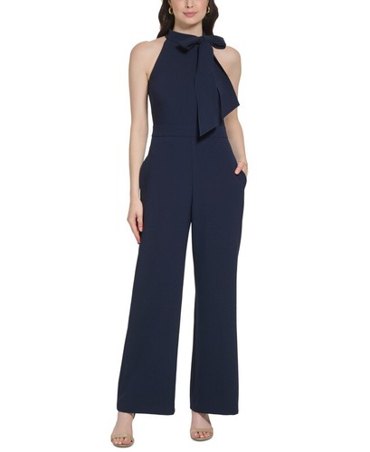 Vince Camuto Women's Signature Stretch Crepe Bow-Neck Halter Jumpsuit (Navy, 2)