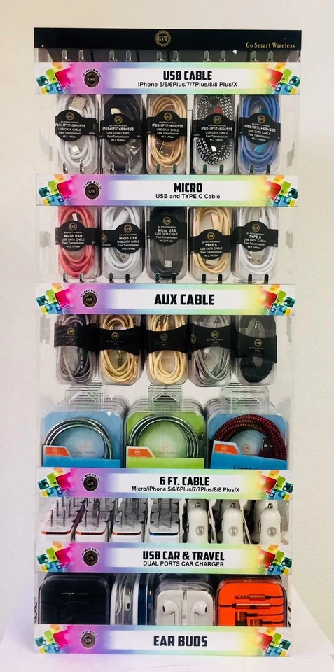 Venta al por mayor Lote Accesorios para Teléfono con Cable USB con Cargador Tarifa Cristal Display Rack Foto 2 de 3