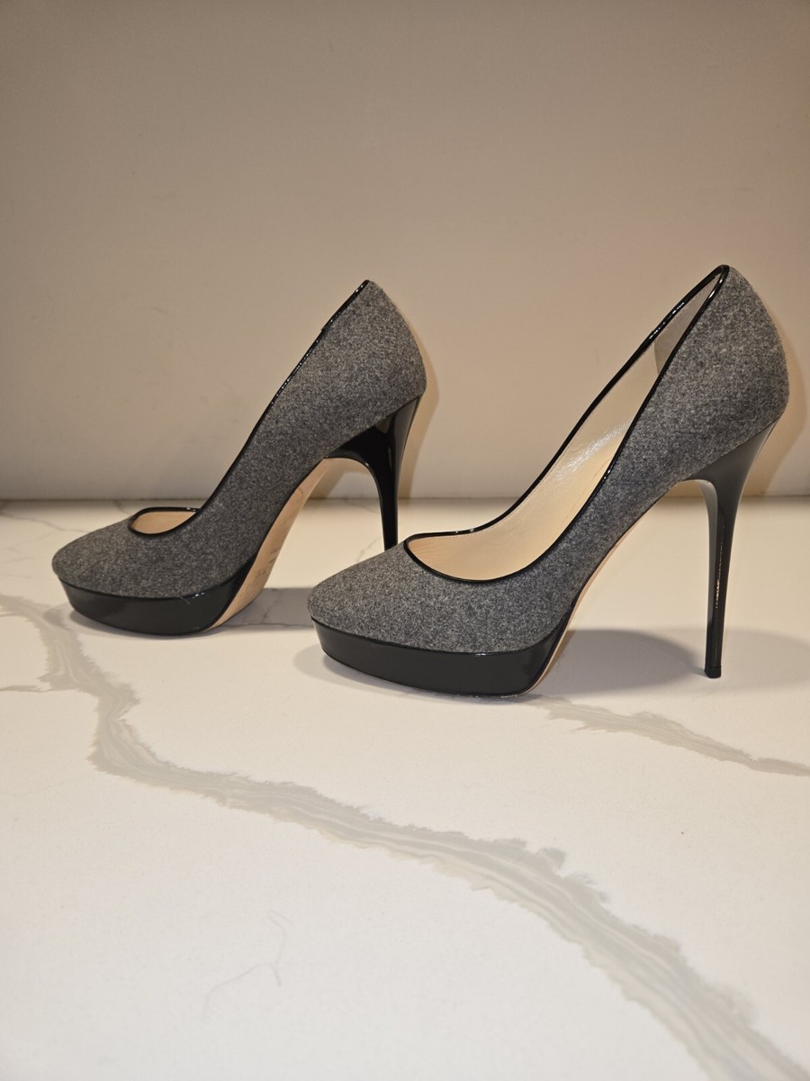 Jimmy Choo London Flannel Patent Leather Gray Wool Black Cosmic Sz