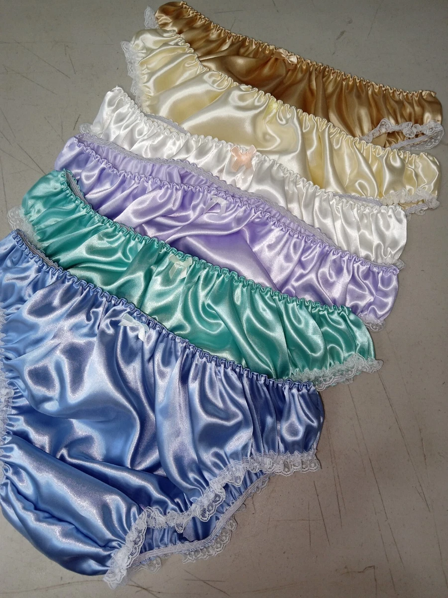 BEAUTIFUL HANDMADE UNISEX SILKY SATIN PANTIES WITH WHITE LACE TRIM 6 PACK