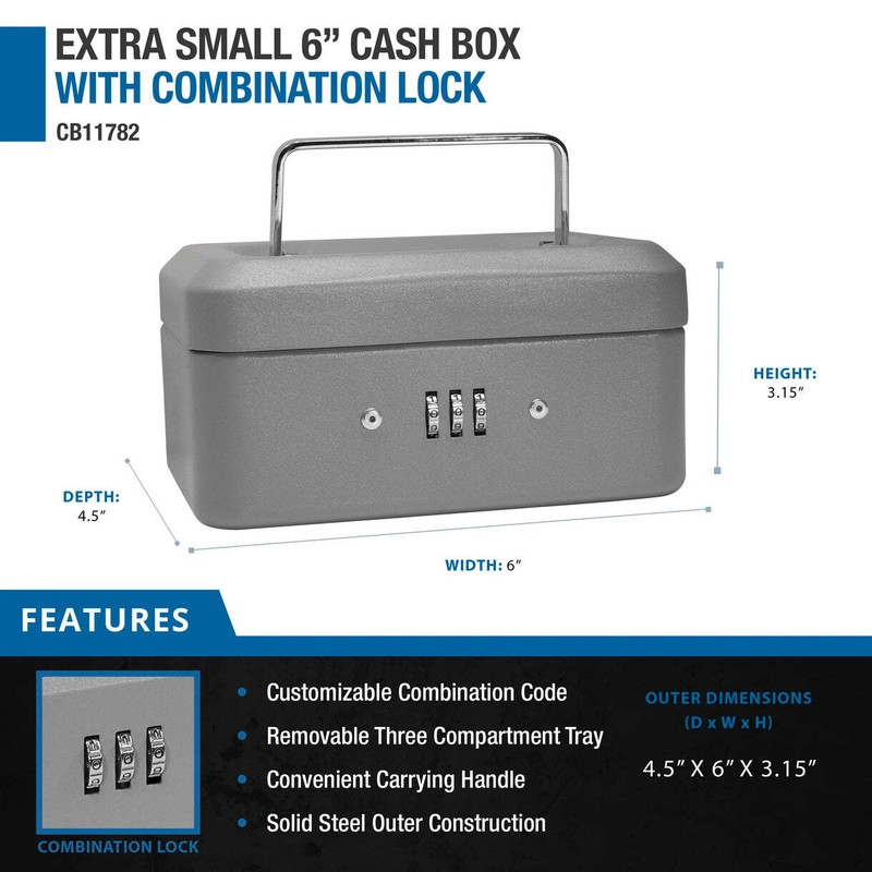 BARSKA 6 Inch Steel Compact Cash Box with Combination Lock in Grey CB11782