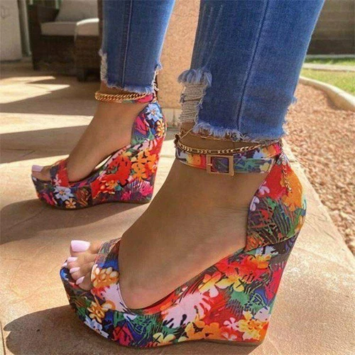 Mujeres Sexy Sandalias Floral Plataforma Punta Abierta Cuña Tacones Altos Hebilla Correa Zapatos - Imagen 3 de 10