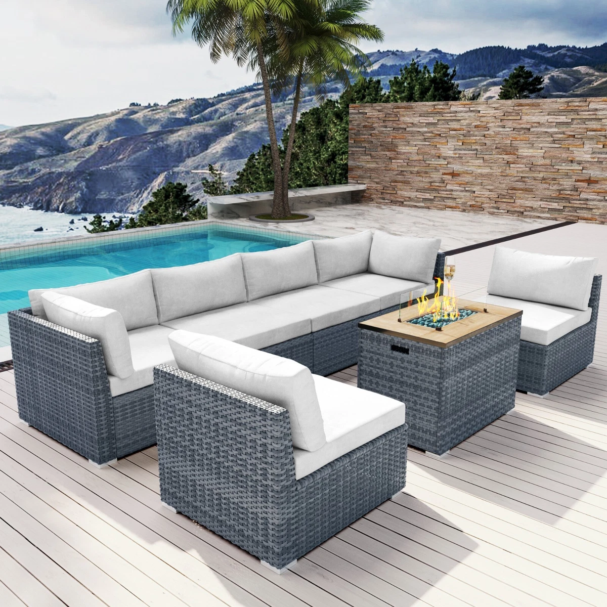 Rattan corner sofa with fire pit hot sale