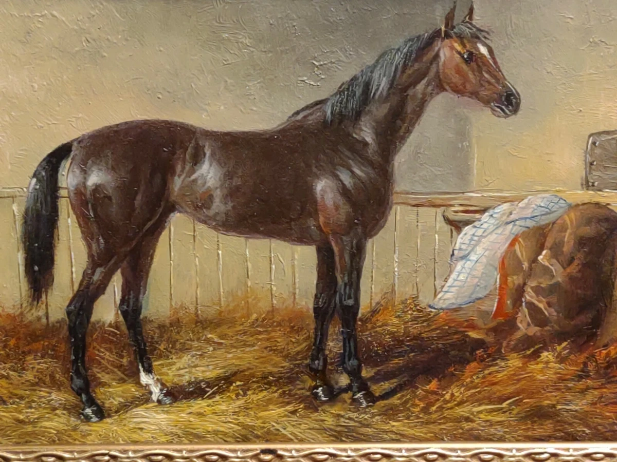 Vintage Horse Oil Painting On Board In Gold Brown Picture Frame eBay