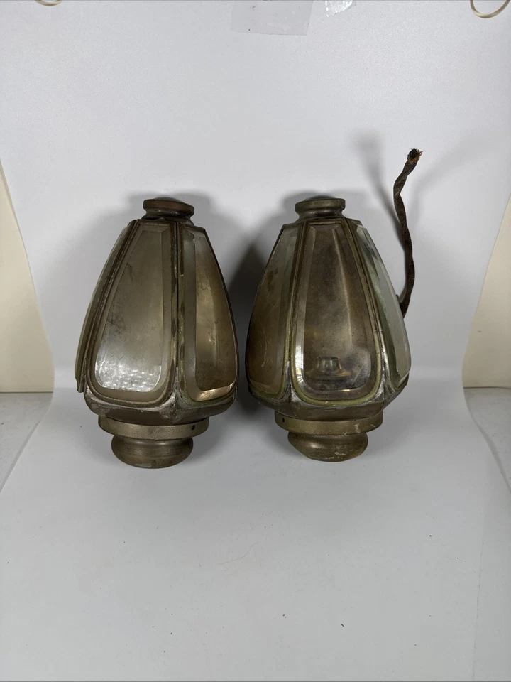 古董一对马车或门廊灯黄铜玻璃 — 第 2/4 张图片