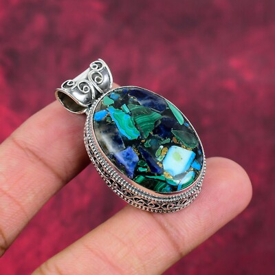 Copper Azurite Malachite Gemstone Handmade 925 Sterling Silver Pendant Jewelry