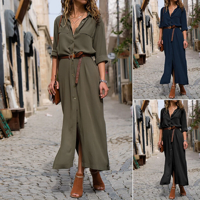 Khaki maxi best sale shirt dress