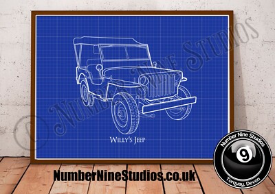 Willys Jeep BLUEPRINT Illustration 1942, hochwertig, signiert. Limited Edition