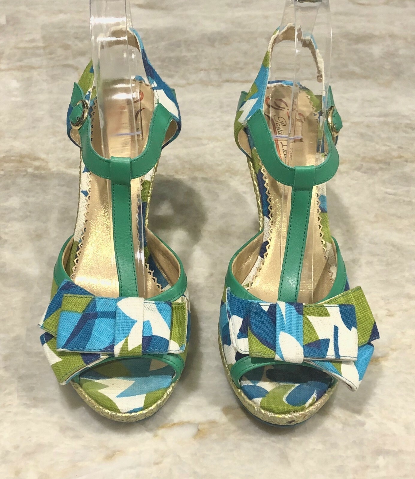 Poetic Licence London T Strap Bow Metallic Wedge Heels Sandals Shoe Size 39 US 8