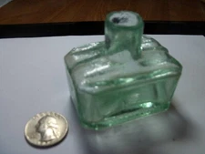 VICTORIAN AQUA BOAT INKWELL WITH TWO PEN RESTS - 1880'S