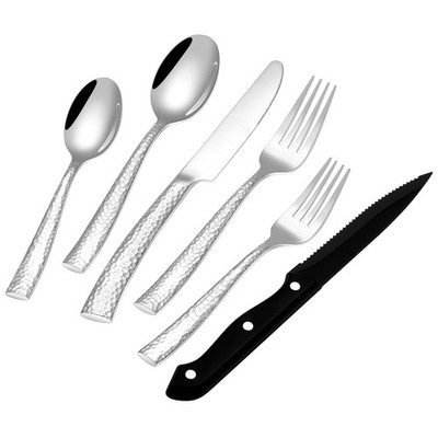 48-Piece Hammered Silverware Set with Steak Knives Stainless Steel Flatware