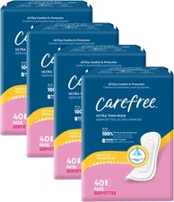 Carefree Ultra Thin Pads for Women Regular No Wings, 160Ct (4x40Ct)