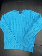 Ralph Lauren Cable Knit Sweater Blue Cotton Crewneck Girls L 12/14 