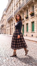 VTG Navy Tan Plaid Pleated Maxi Skirt 24 Waist
