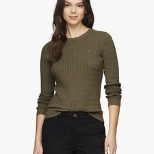 Tommy Hilfiger Crew Neck Cable Knit Sweater Women  s Medium 100 Cotton Green