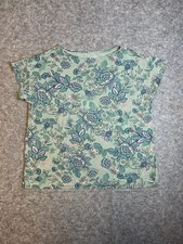 J Jill Luxe Supima Short Sleeve Tee Shirt Teal Green Blue Floral T-Shirt Size M