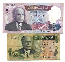 Tunisia (P69) 1/2 Dinar 1973 & (P79) 5 Dinars 1983
