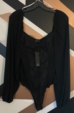 Lulus Lace Bodysuit Sz M Black Lace Bodice Sheer Sleeve NWT Party Classy