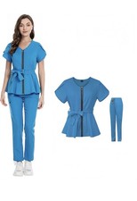 Women s Medical Scrub Set Solid Blue Zip Front Peplum Tie Belt Top Pants M