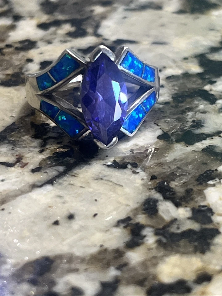 Anillo vintage de amatista de ley 925 y ópalo azul talla 6,75 Foto 3 de 4