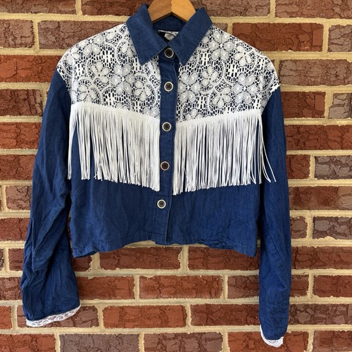Vintage Sassa Rodeo Western Blue White Lace Fringed Button Down Shirt Medium USA