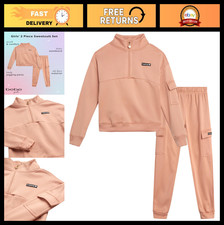 Girls 2-Piece Fleece Sweatsuit Set - Quarter Zip Mock Neck Cargo Sweatpants Ac