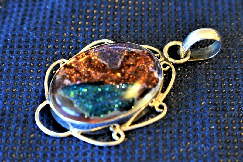 NEW STERLING SILVER 925 DICHROIC ART GLASS RUST BLUE PURPLE GLITTER PENDANT-1.6"