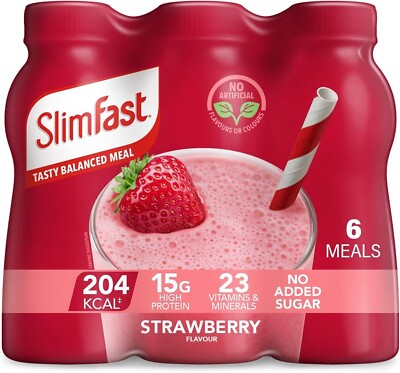 SlimFast Erdbeershakes leckere ausgewogene Mahlzeit | trinkfertig Shake 6 x 325ml