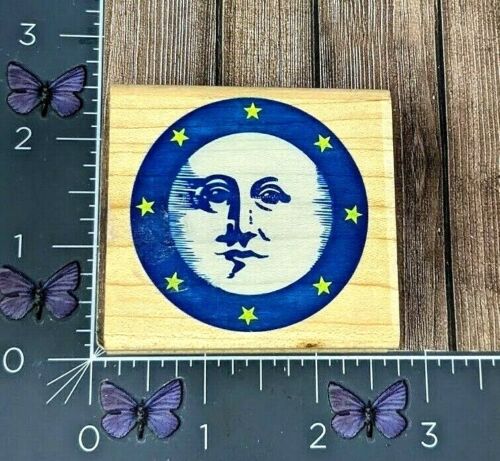 Rubber Stampede Celestial Face Stars Rubber Stamp Wood #AT125