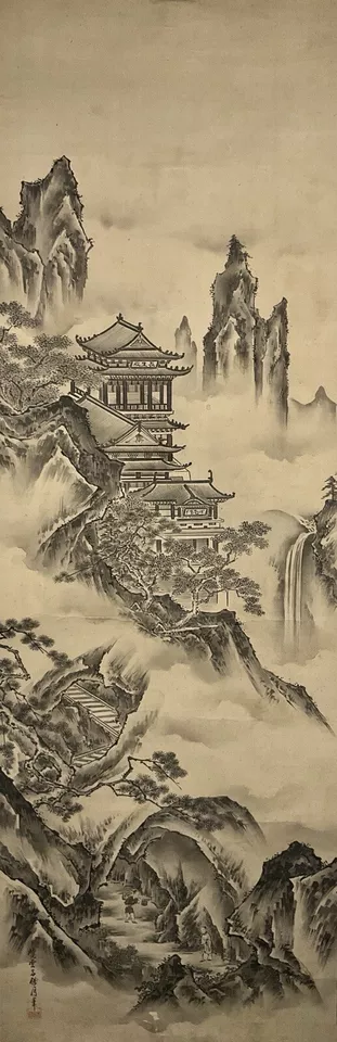 Антикварная японская картина пейзаж чернила на шелковом свитке периода Эдо начала XIX в. - Изображение 2 из 4