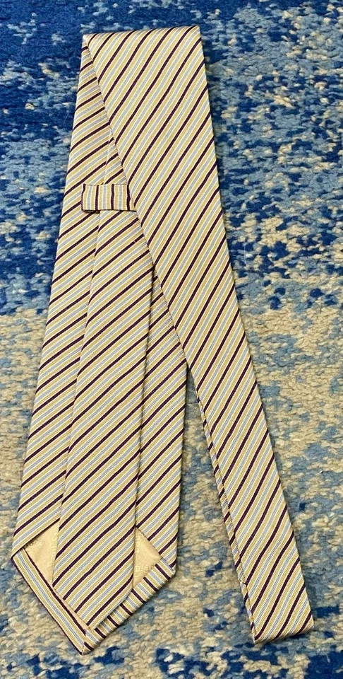 Corbata Paul Stuart Beige Azul Blanco Púrpura Sesgado Rayas Seda Algodón Inglaterra Foto 3 de 4