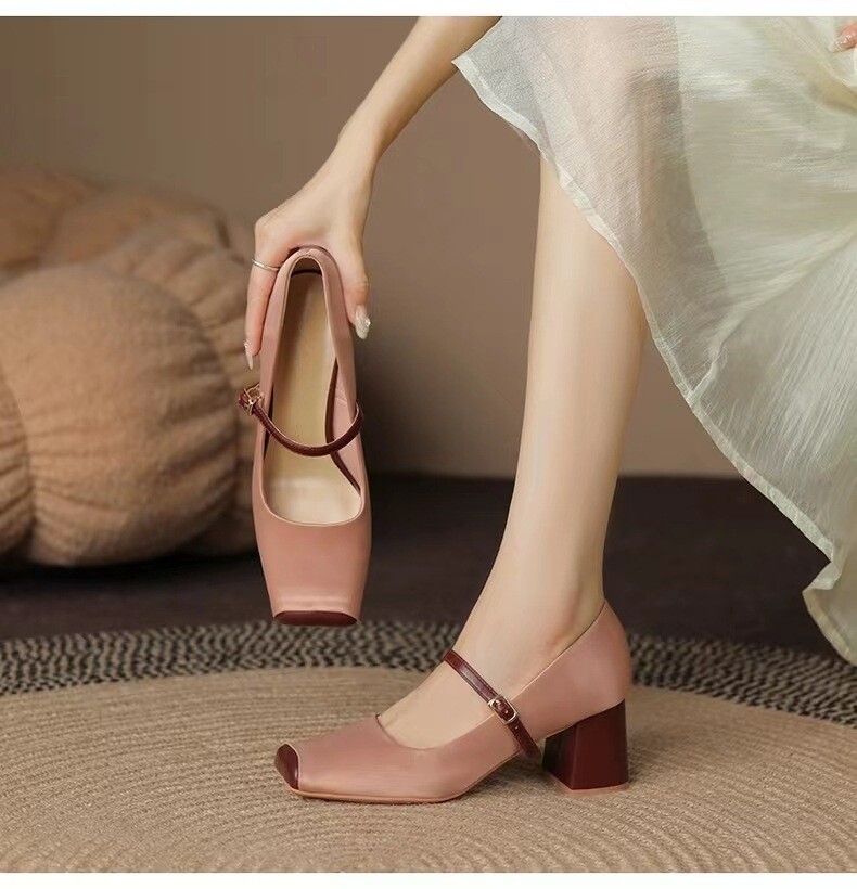 Women's Spring Square Toe Mary Jane High Heels French Style Thick Heels-image