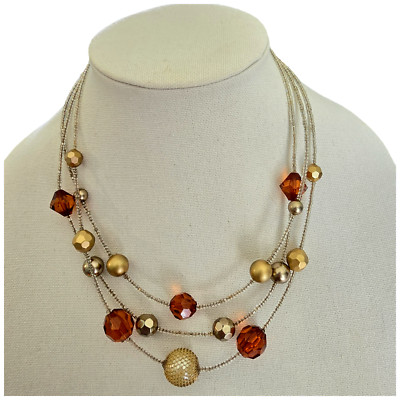 Vintage Multi Strand Station Necklace Amber and Gold Tone Beads