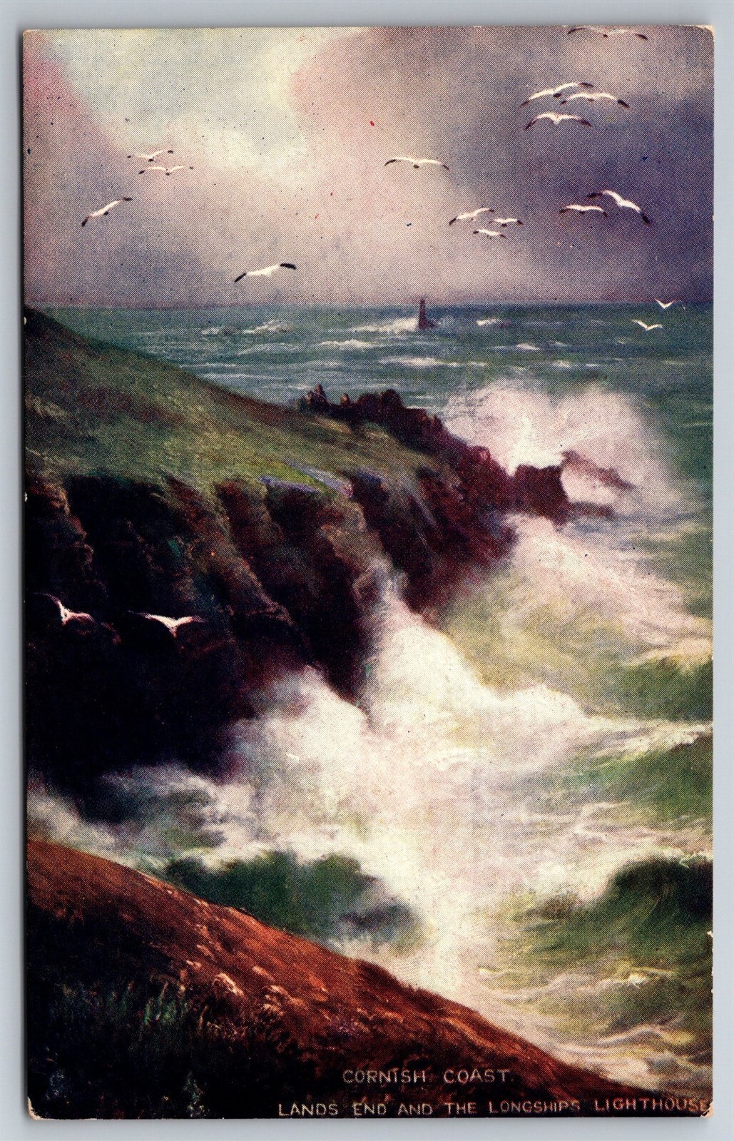 Tuck Oilette Rough Seas Cornish Coast Lands End Longships Lighthouse Postcard M4