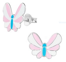 925 Sterling Silver Butterfly Pink White Blue Stud Earrings Kids Girl Women