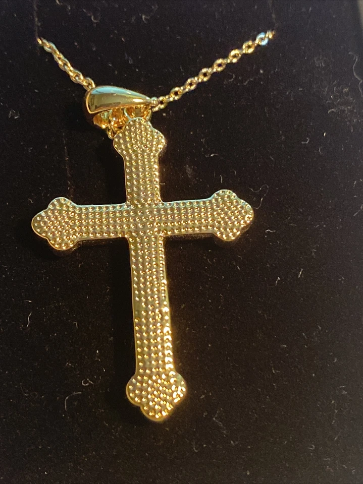 Princess Cut Simulated Ruby & Diamond Cross 1.75" Pendant 925 Yellow Gold Finish - Image 3 of 4