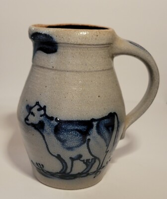 Vintage 1987 Rowe Pottery Works Cow Pitcher / Jug Salt Glaze