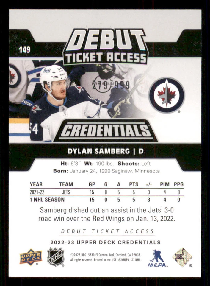 2022-23 Upper Deck Credentials #149 Dylan Samberg RC /999 - Image 2 of 2
