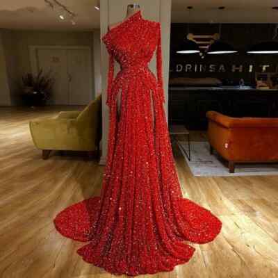 Red Sequin Evening Dresses Long Sleeves Ruched High Side Split Floor Length Prom