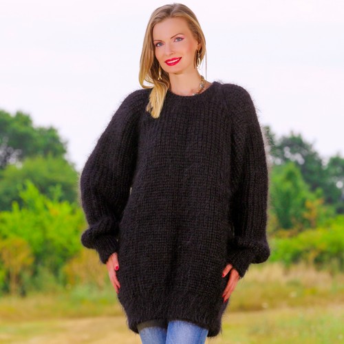 SuperTanya thick black mohair sweater ribbed hand knitted crewneck pullover - Picture 6 of 8
