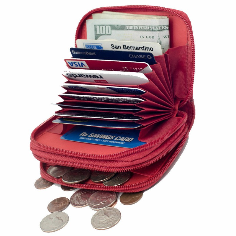 Red Genuine Leather Accordion Women Wallet ID Card Case Holder 2 Zip 