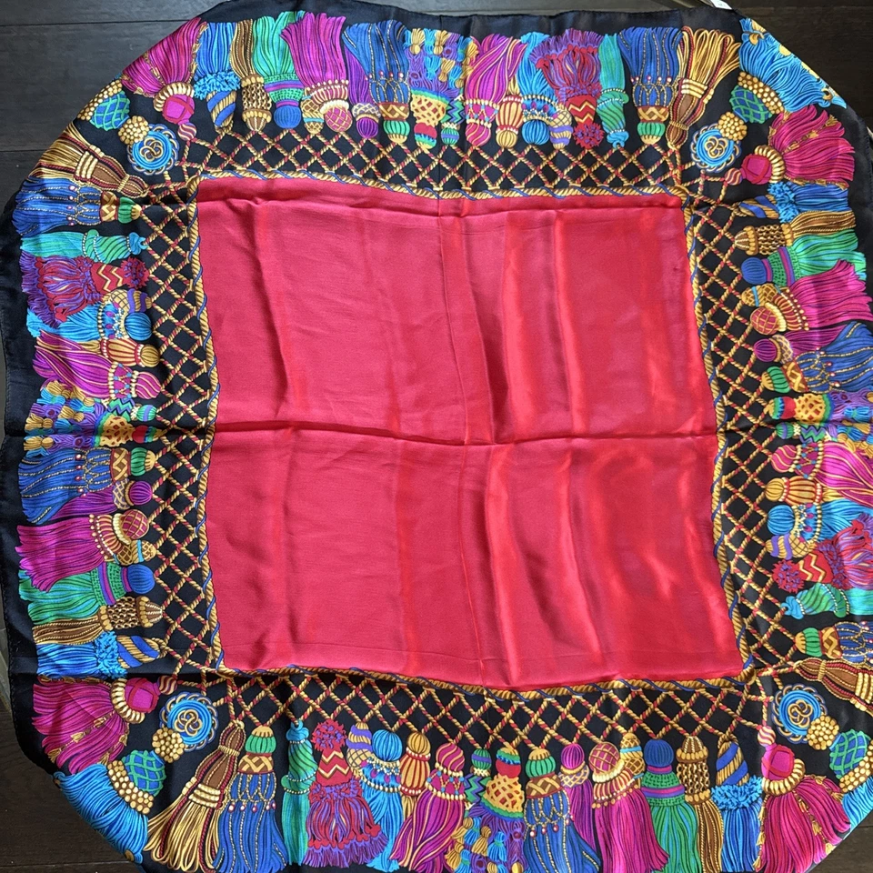 Echo Tassel Print Square Silk Red Purple Colorful Scarf Square (31" x 31") Japan - Image 2 of 4