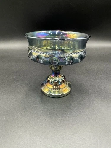 Vintage Blue Carnival Glass Bowl Dish Compote Indiana Glass Pedestal Iridescent