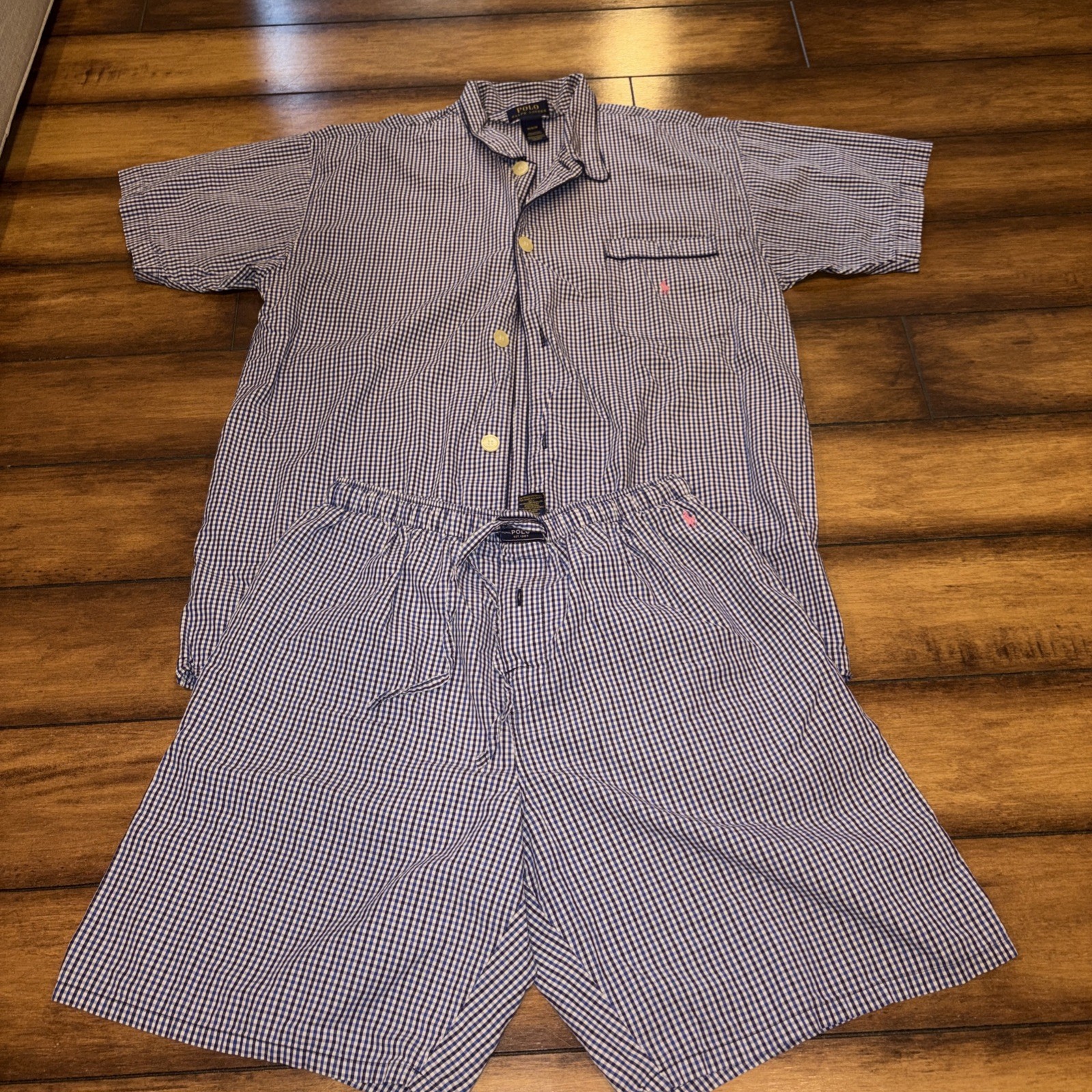 Polo Ralph Lauren Mens Pajama Set Blue Plaid Cotton Short Sleeve Shirt Pants M