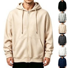 Solid Color Fleece Hooded Sweatshirt for Men Warm Loose Fit Autumn Winter