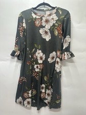 Dark Green Floral Bell-Sleeve Dress stretch comfort knee length Size Small