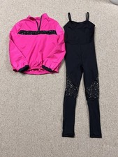 Weissman Girls Dance Costume size MC Black Full Leotard Pink Jacket Sequins
